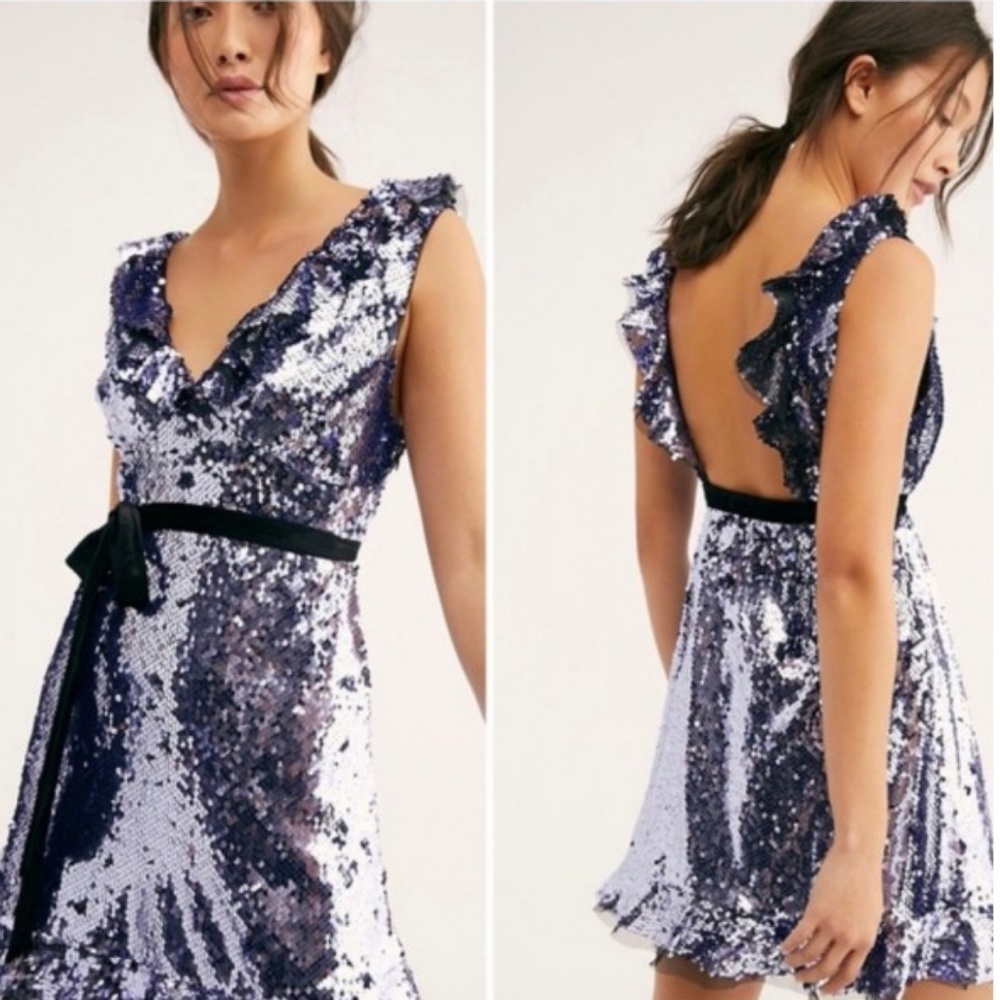 NWT Free People Purple Sequin Party Holiday Dress in Purple & Black Velvet - Picture 1 of 5